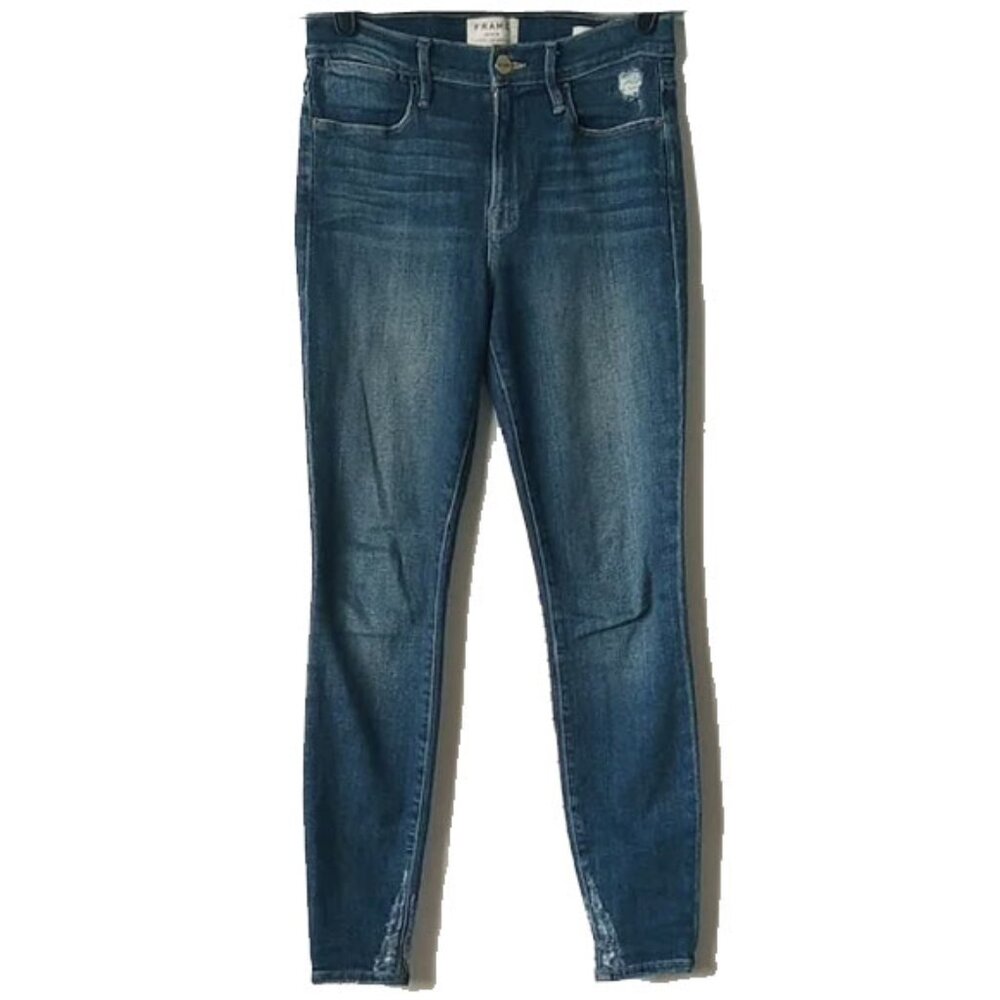 Frame Le High Skinny Jeans 27 Dark Wash Destroyed Ankles